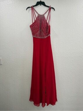 Missguided Red Beaded Halter Evening Gown